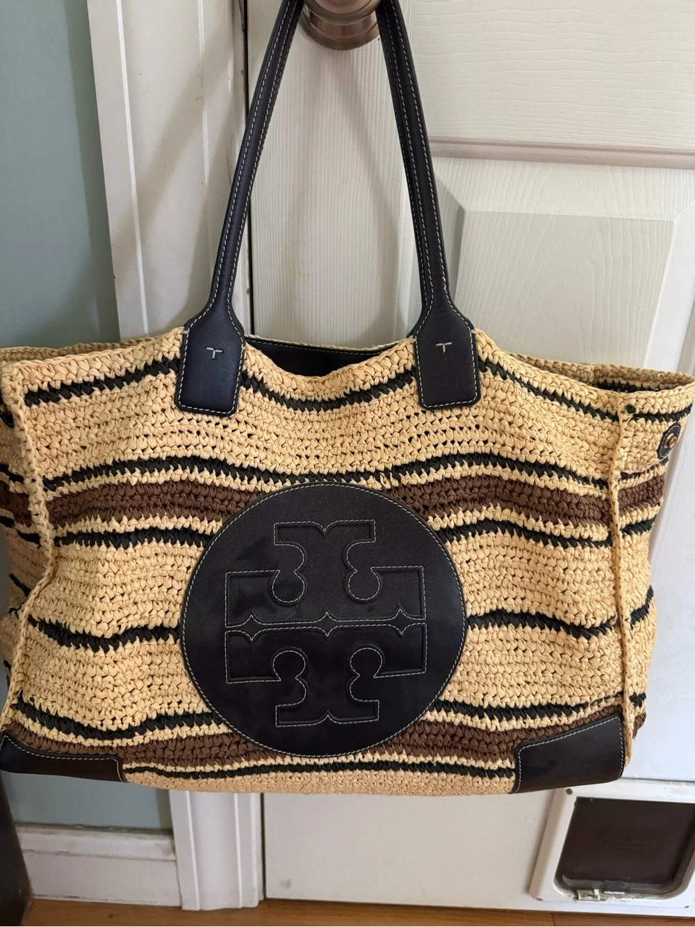 Tory Burch Crochet Stripe Tote in Natural, Brown and Black